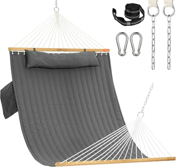Daze Double Hammock with Pillow & Tree Straps for Outside, Grey | 2 Person Quilted Hammock with Hardwood Spreader