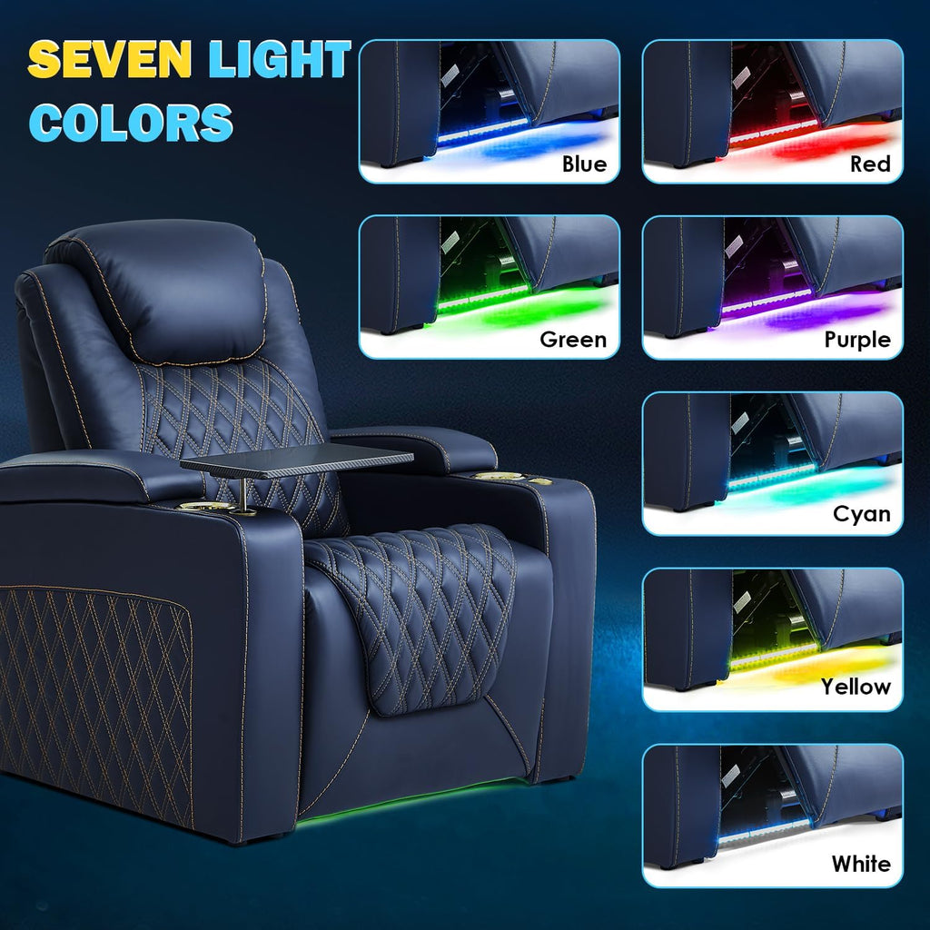 Chic Top Grain Leather Home Theater Seating Power Headrest Recling Movie Gaming Recliner Sofa with 7 Colors Ambient
