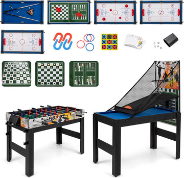 14-in-1 Multi Game Table, Combo Game Table w/Foosball, Air Hockey, Pool, Table Tennis, Basketball, Chess, Checkers