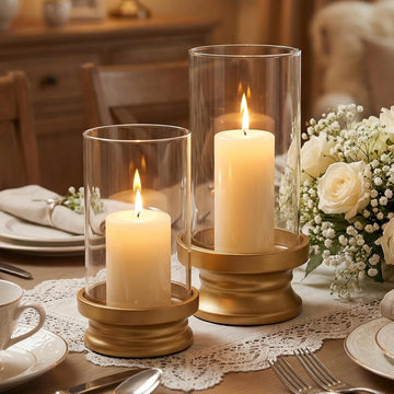 Gold Hurricane Candle Holders Set of 2 with Glass - Modern Pillar Candle Stands for Fireplace Mantel, Dining Table