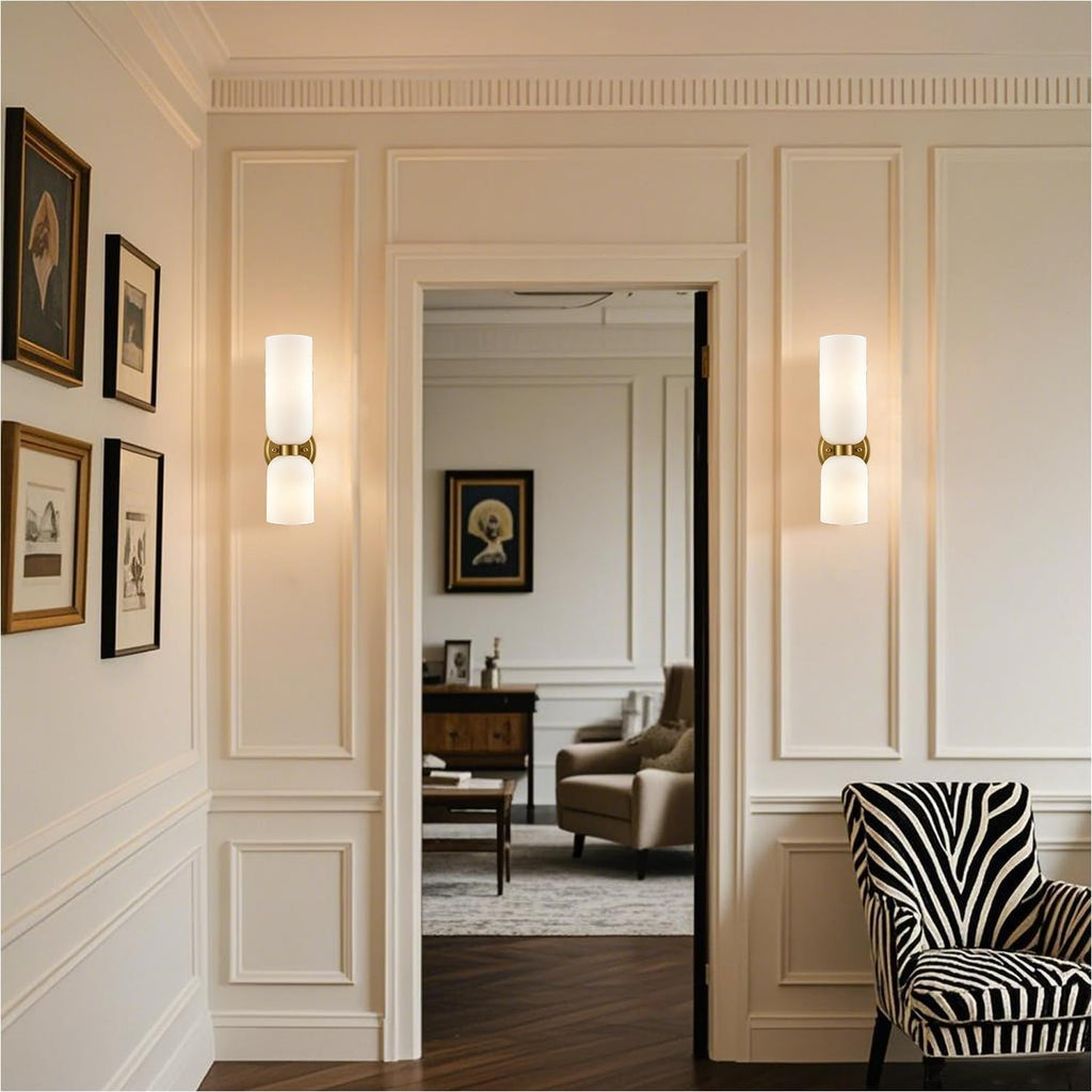 Gold Wall Sconces Set of Two 2-Light Modern Wall Light | 3.93"(W)*14.2"(H), E12 Dimmable, Slim Milky White Glass