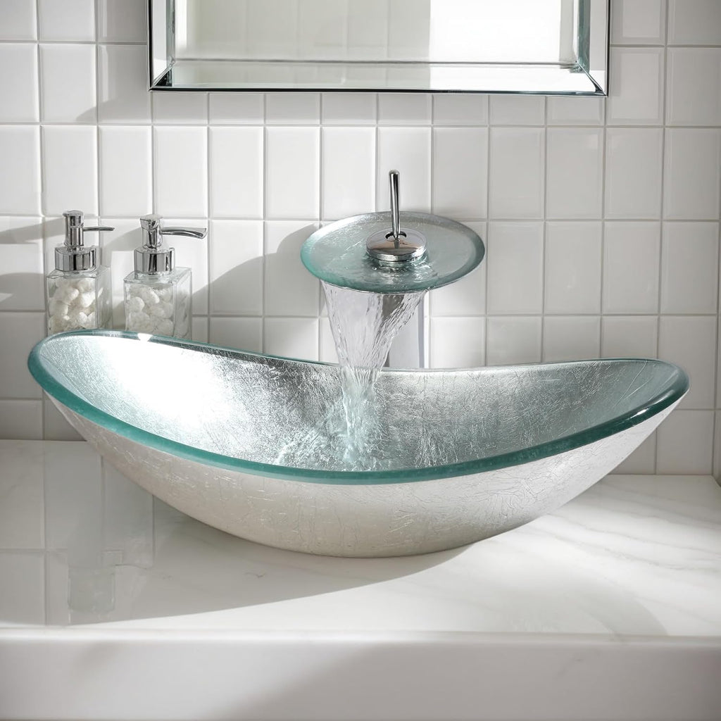 Oval Glass Vessel Sink with Faucet and Pop-Up Drain 22x14 Inch Silver Tempered Glass Bathroom Washbasin Boat Shape