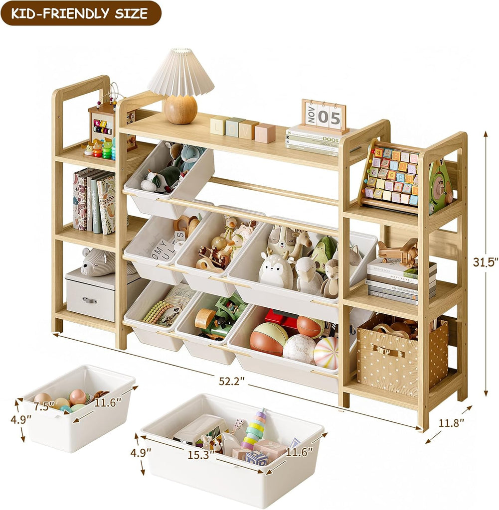 Large Toy Storage Organizer, Top Rack, 6 Side Shelves, 9 Bins | Solid wood kid-height storage for toys, books and