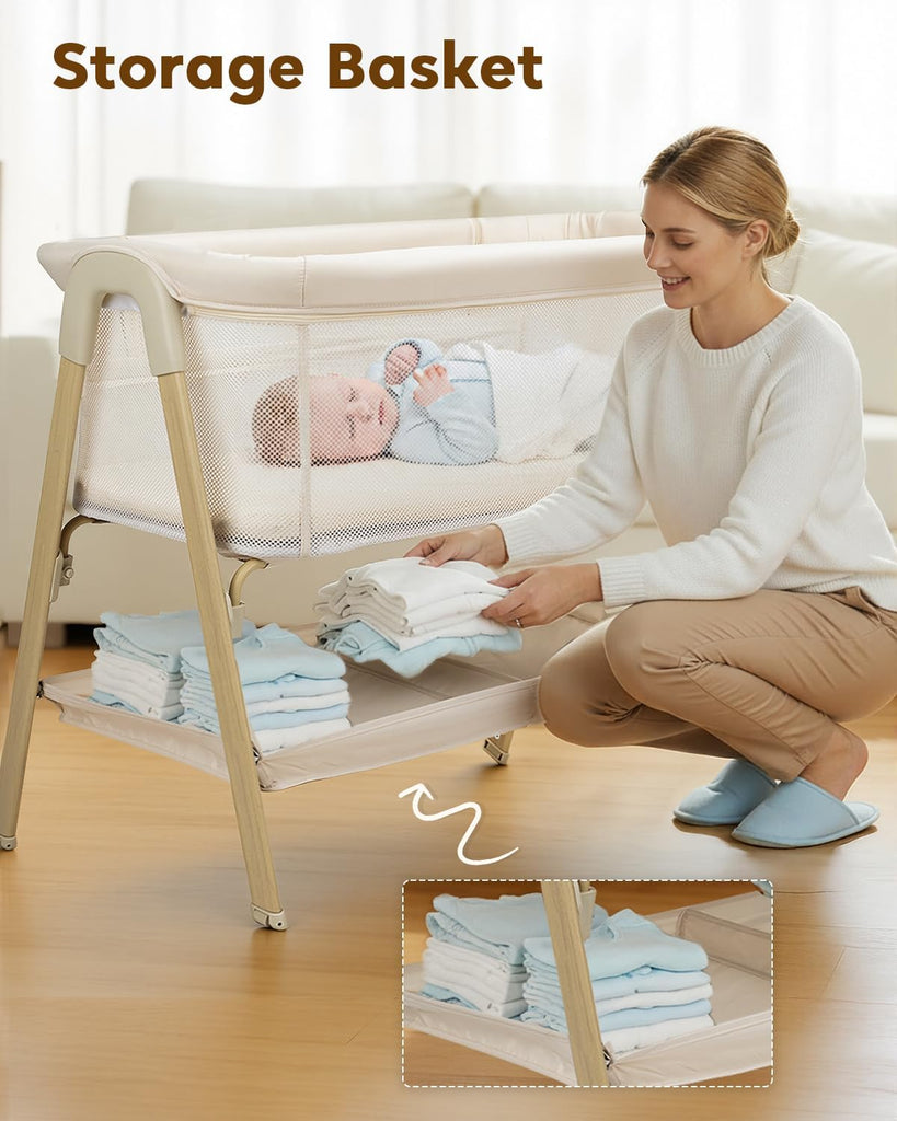 Bassinet, Bedside Bassinet for Baby | Bassinet Bedside Sleeper with Mattress, Storage Basket and 4 Auto-Lock Wheels