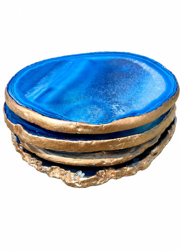 Set Of 4 Agate Coasters - Blue Colored Agate Coasters - Gold Rimmed - Bumpers