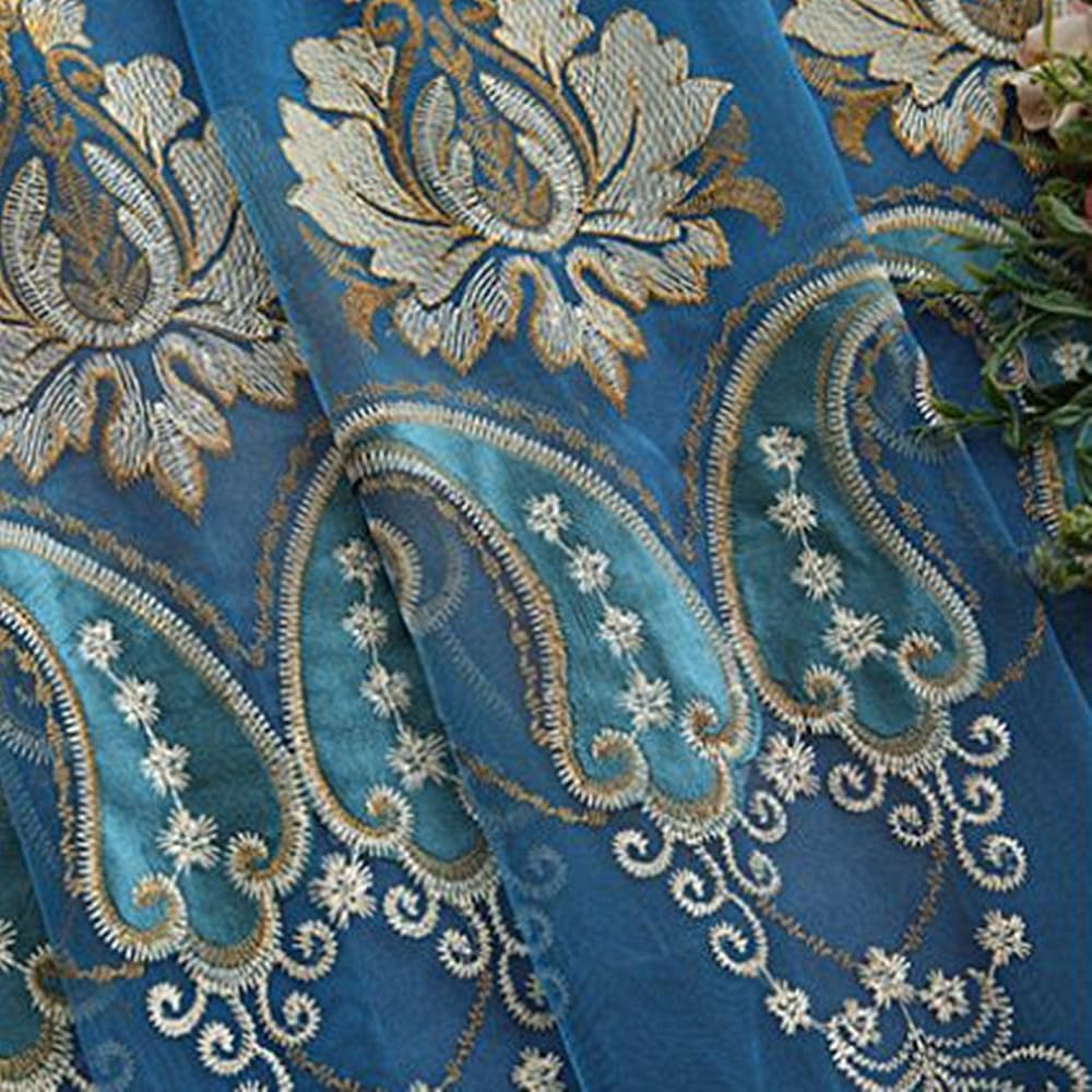 1 Pair European Double Layer Curtains with Valances for Living Room Bedroom Luxury Embroidered Curtains (Blue