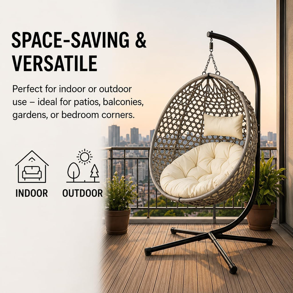Folding PE Rattan Hanging Egg Chair with Stand, Wicker Swing Hammock, Heavy-Duty Steel and Aluminum Frame, 350 lbs