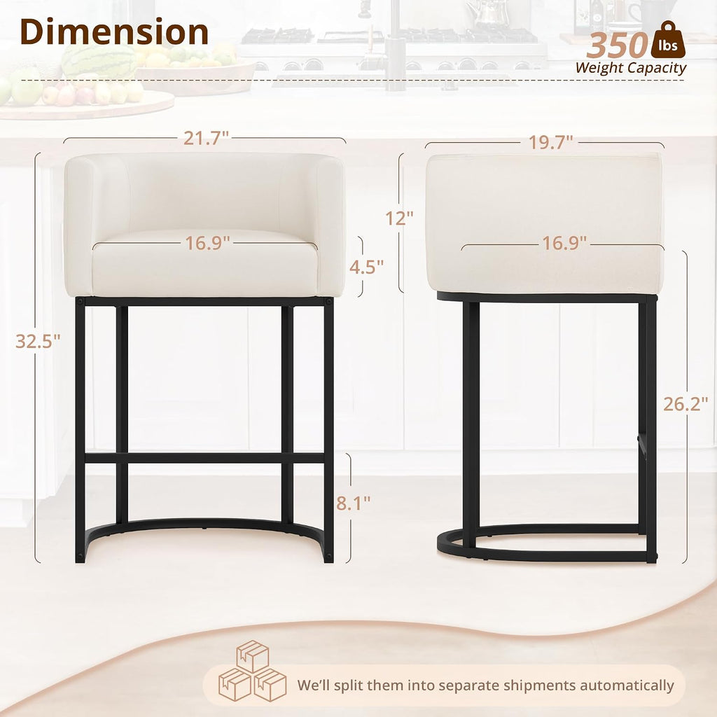 Counter Height Bar Stools Set of 3, Modern Barrel Counter Stools with Backrest and Arms, Black Metal Frames, Linen