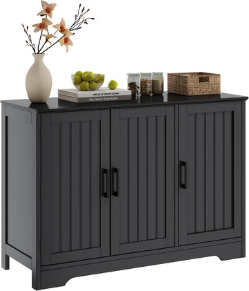 Modern Sideboard Buffet Cabinet with Adjustable Shelves | Coffee Bar Storage Cabinet, 3 Doors, Black