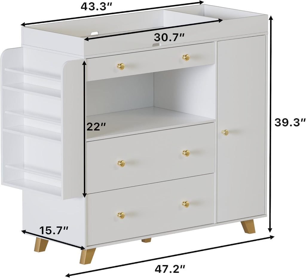 Nursery Dresser with Baby Changing Table, Modern Diaper Changing Station,Dresser with 3 Drawers & Shelves, Storage