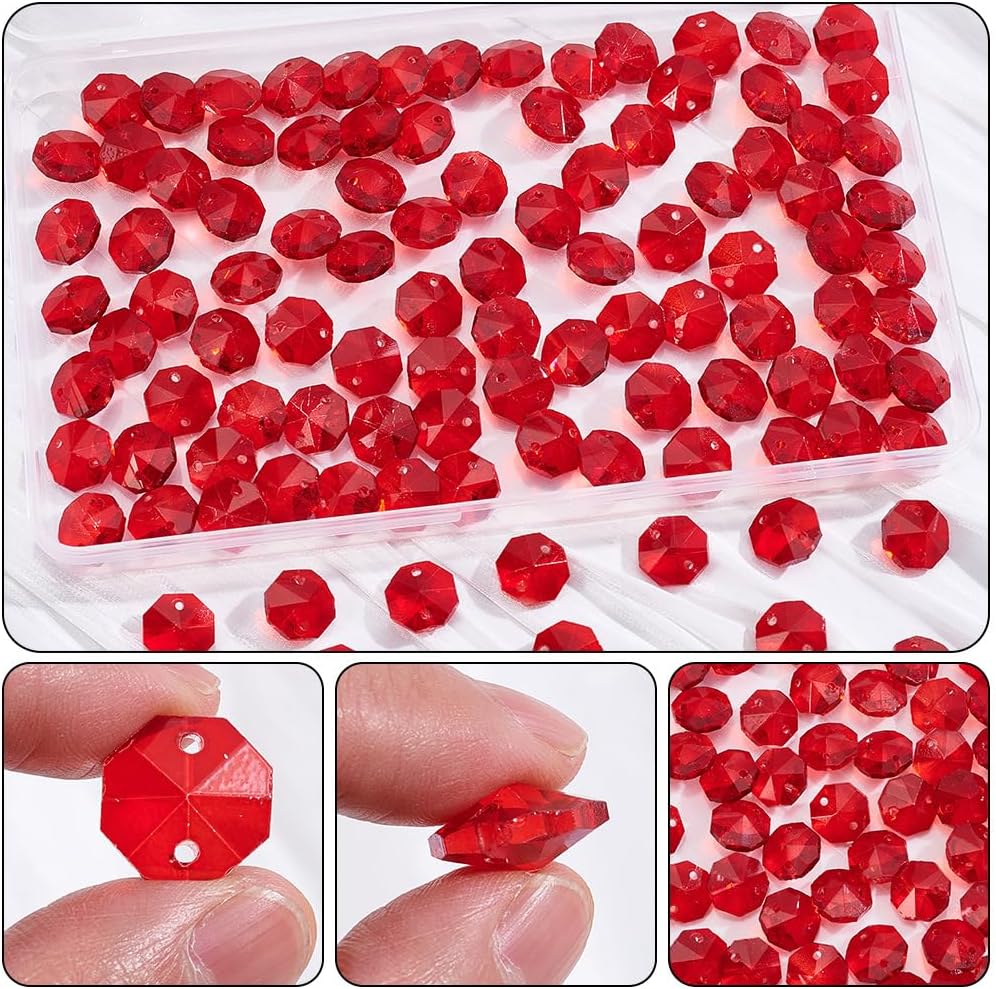 1 Box 120Pcs 14mm Crystal Glass Octagon Beads 2 Hole Crystal Prism Beads Red Glitter Chandelier Replacement Connector