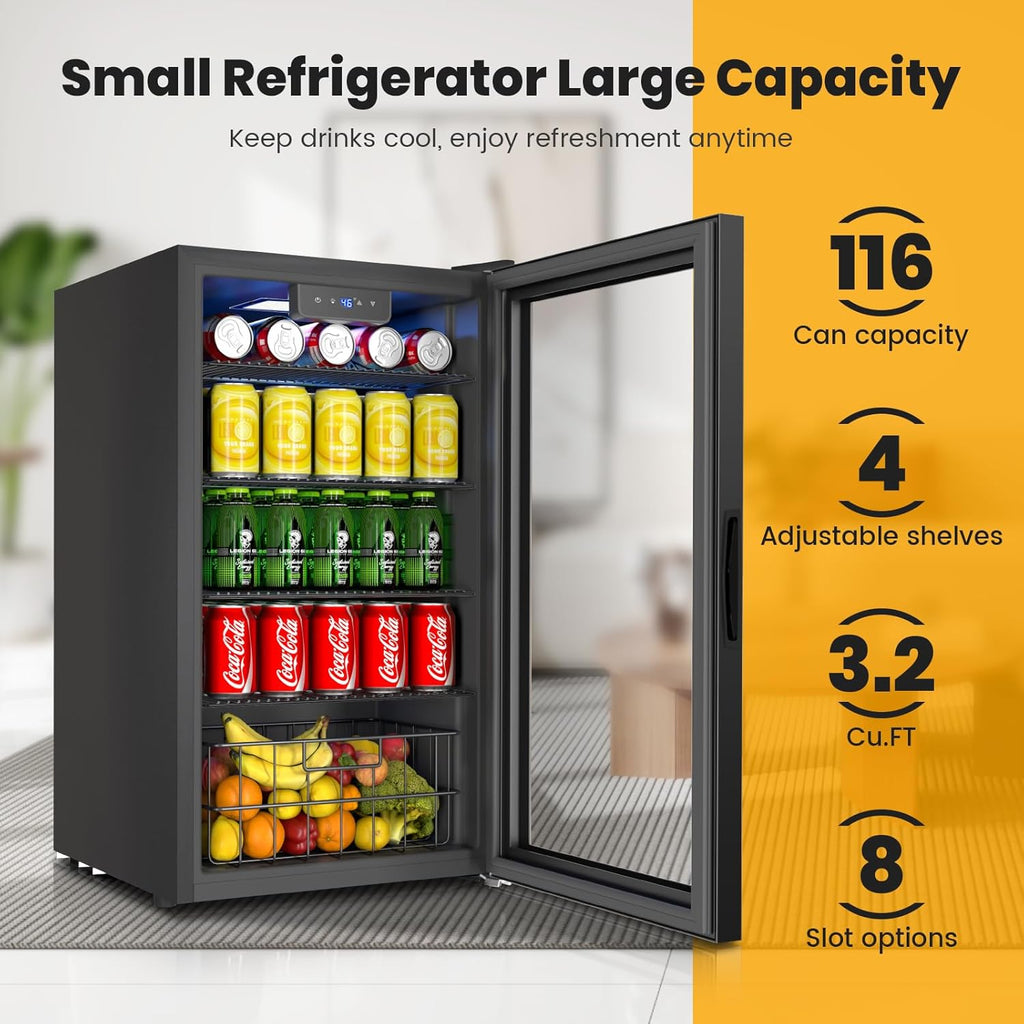 Black Mini fridge,116 Can Beverage Refrigerator Cooler,3.2 Cu.Ft Drink Fridge fo