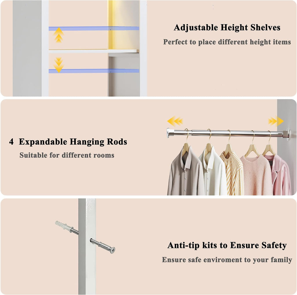100'' Closet System with 4 Hanging Rods & LED Lights, 2-8 FT Wood Closet Organizer Systems with 5 Shelves, 6 Height