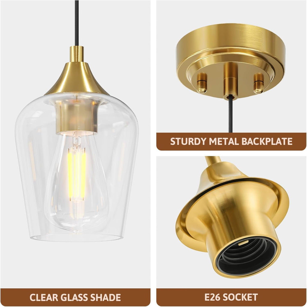 Pendant Lights Kitchen Island, Brushed Gold Pendant Light Fixtures with E26 Base & Adjustable Cable, Modern Pendant