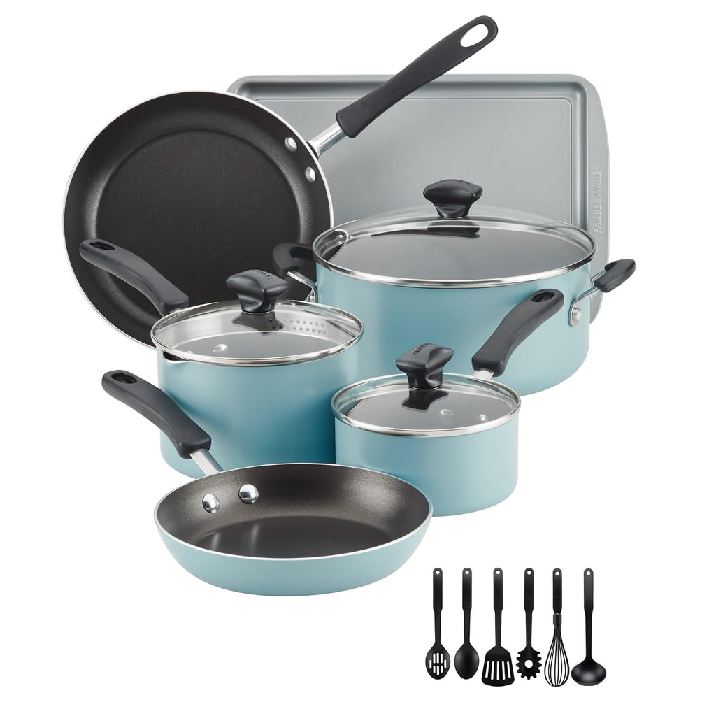 Cookstart Aluminum DiamondMax Nonstick Cookware Set, Kitchen Essentials, 15-Piece, Aqua