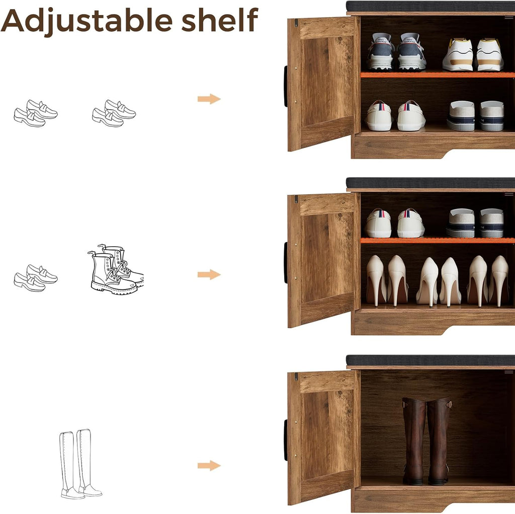 Farmhouse Shoe Storage Bench with 4 Barn Doors & Padded Seat Cushion | 47.2" Wide Entryway Bench with Adjustable