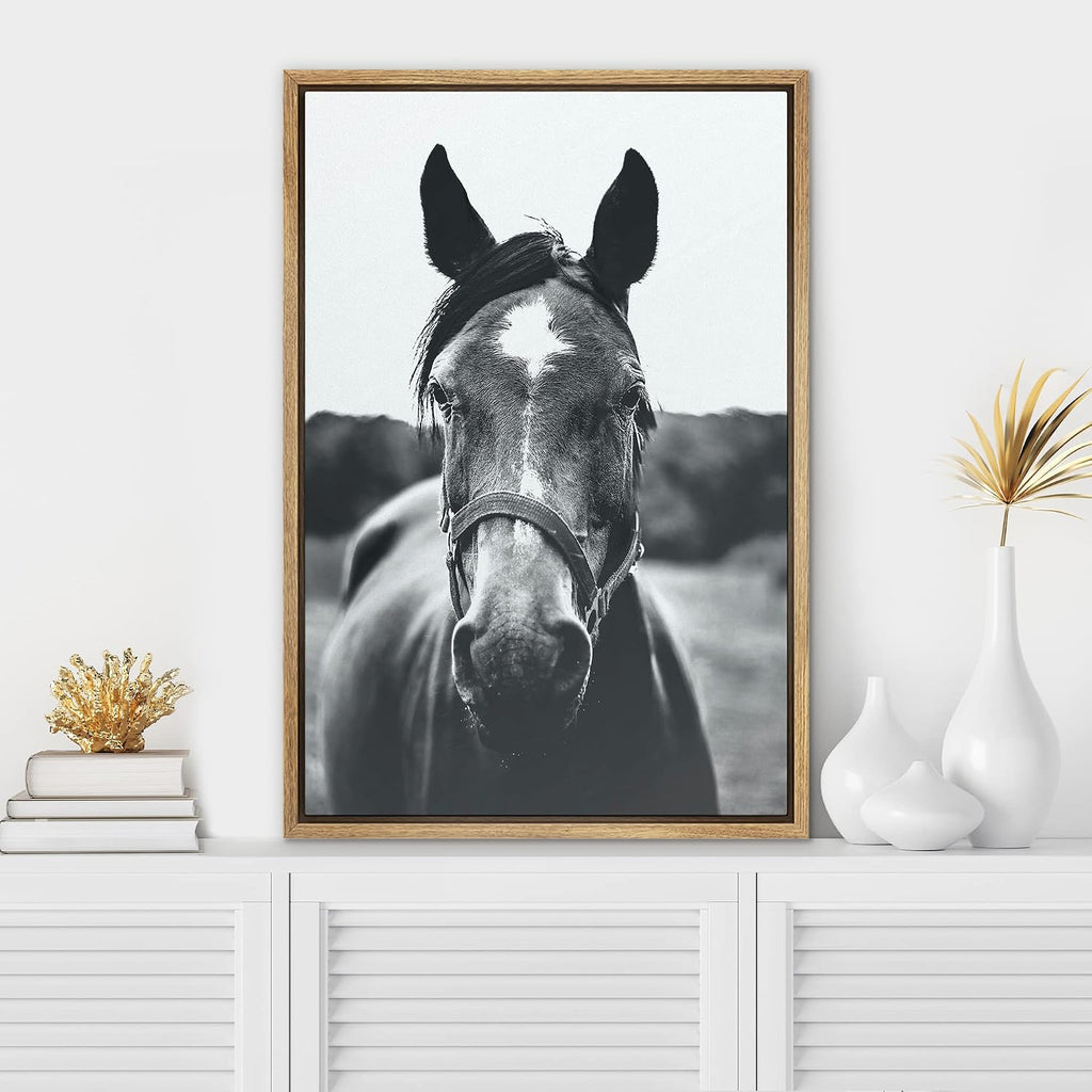 Framed Canvas Wall Art High Contrast Horse Animals Black and White Duotone Expressive Grey Horse Living Room