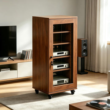 Audio Equipment Rack Cabinet, Wood AV Rack with Glass Door & Wheels