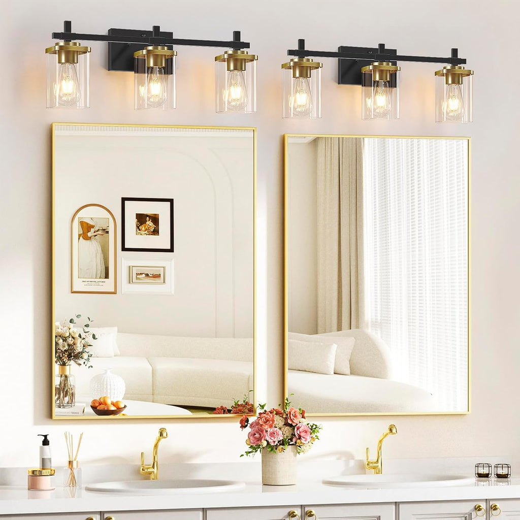 3-Lights Black and Gold Bathroom Light Fixtures Over Mirror, Modern Brushed Gold Vanity Lights , Sconces Wall