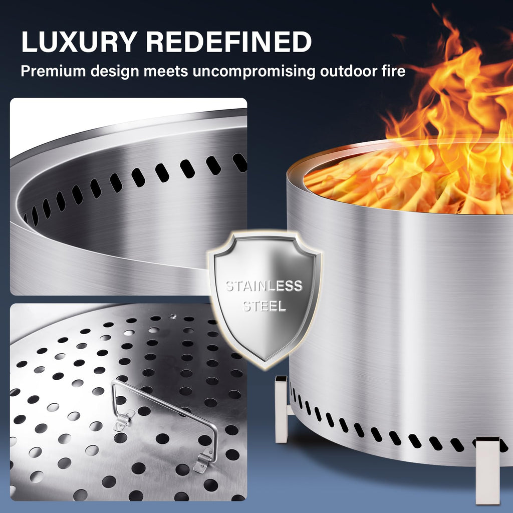 28 Inch Smokeless Firepit with Stand & Grill Rack, Large Stainless Steel Fire Pit, Wood Burning Firepit Garden Picnic