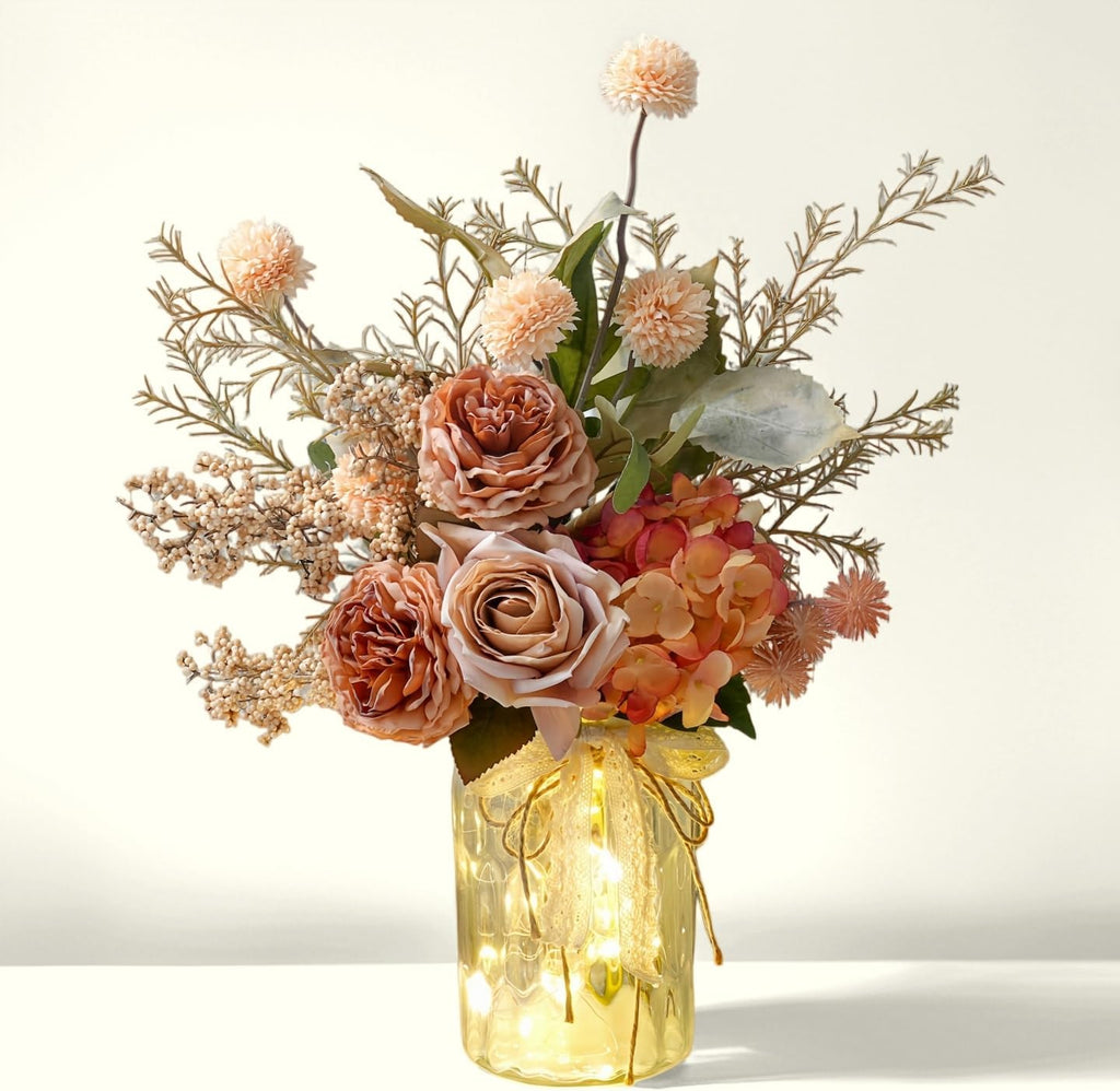 Artificial Fall Flowers with Vase & Lights - Faux Autumn Hydrangea & Rose