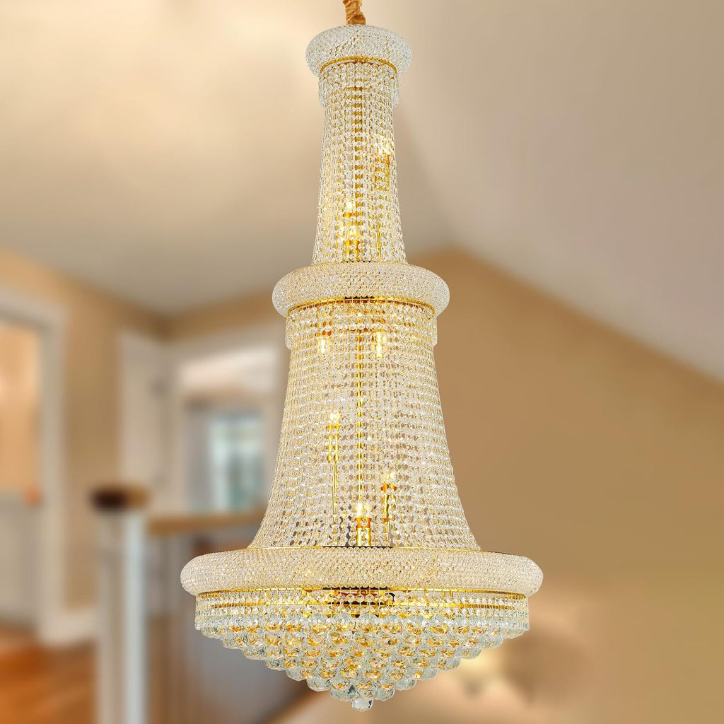 18-Lights 3 Layers Large Golden Classic Empire Style K9 Crystal Ball Chandelier Decorative Light Fixture for High Ceiling Living Room Foyer Stair Entryway (D27.6 * H59 inches) A108-B0DB7D9ZJC