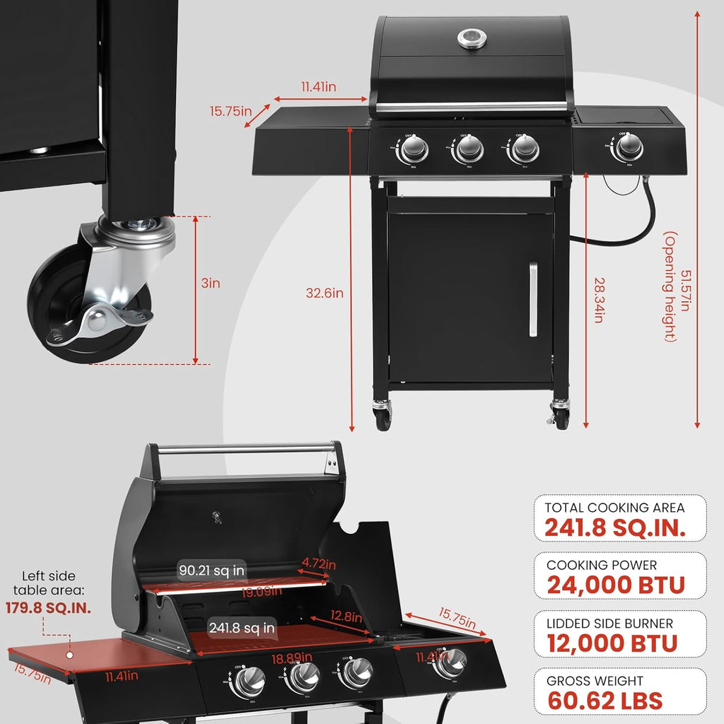 3-Burner Propane Gas Grill with Side Burner, 36,000 BTU Outdoor BBQ Grill with Lid Cover, 241 Sq. In. Cooking Area