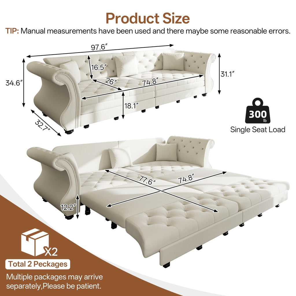 Sleeper Sofa Bed 97.6", Velvet Pull Out Couch, Chesterfield Sofa, Beige