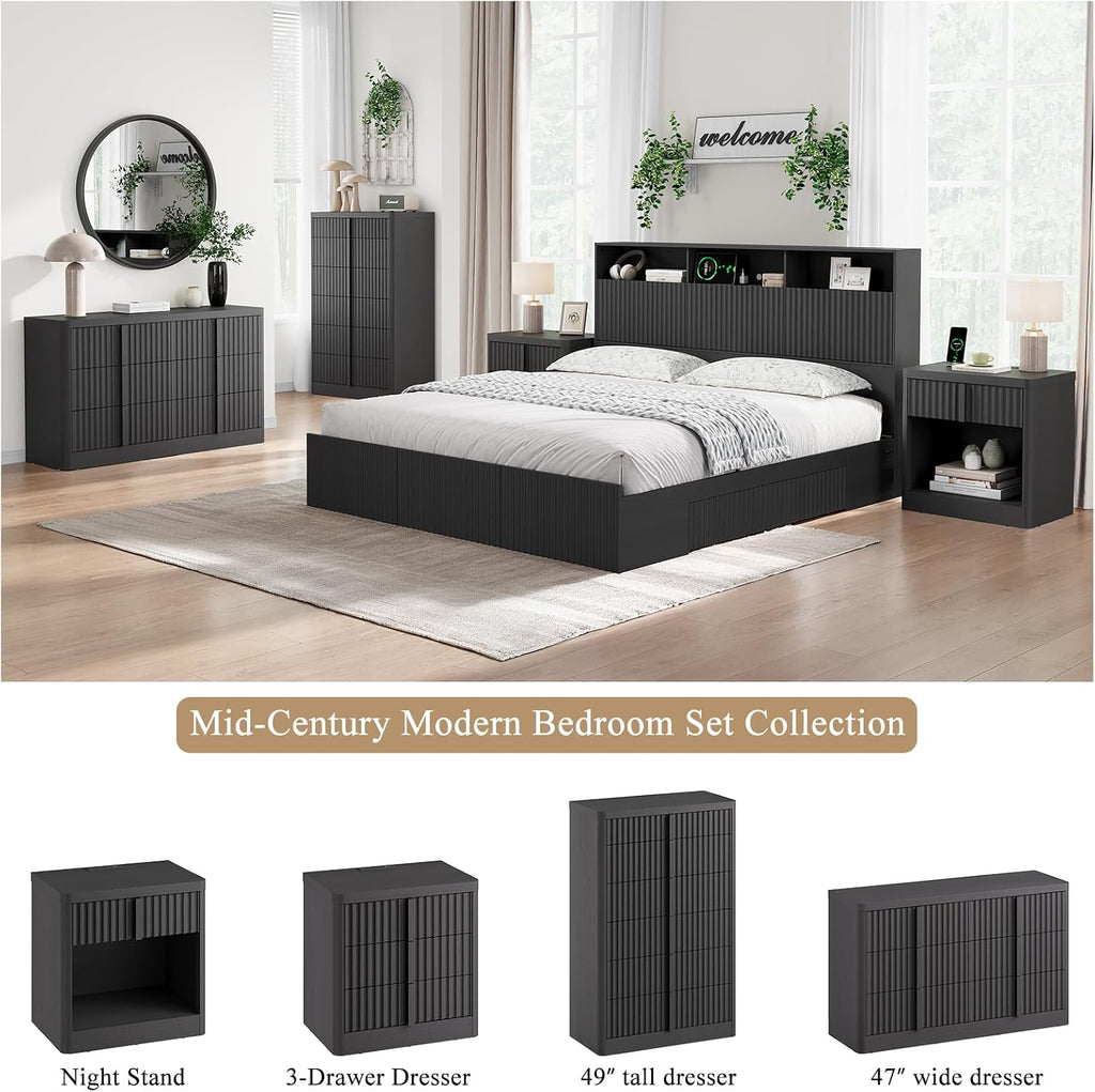 Fluted Dresser , 47" Wide 6 Drawer Dresser, Modern Chest of Drawers with Solid Wood Handle, Curved Profile Design