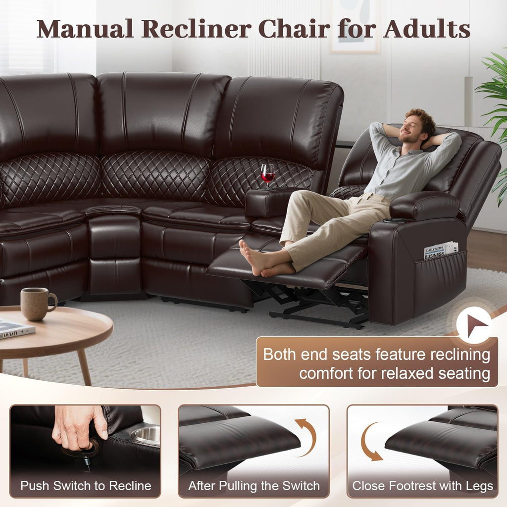 Home Theater Seating Reclining Sectional Sofa, 5 Seats Soft Leather Recliner Corner Sectional Couch