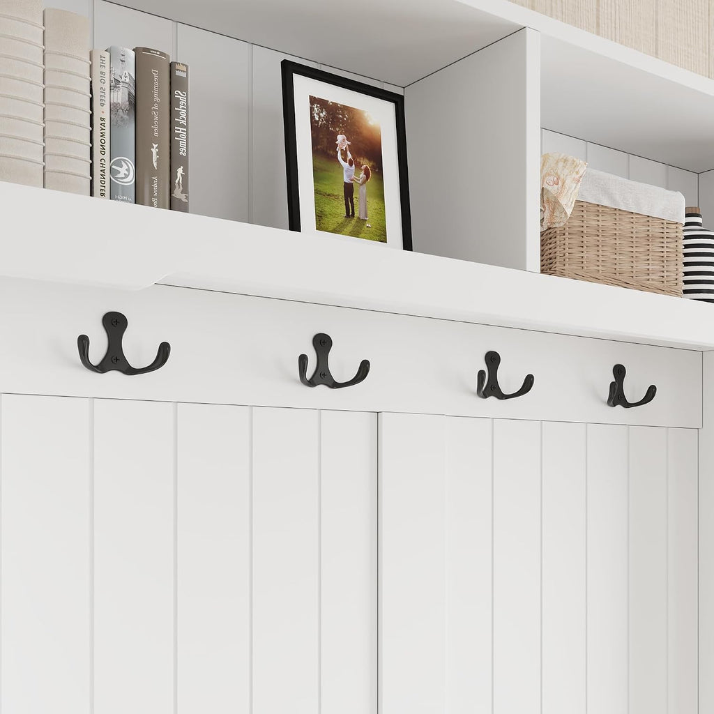 Hall Tree with Bench and Shoe Storage, Multi-Purpose Entryway Bench with Coat Rack, Padded Seat Cushion, 4 Double