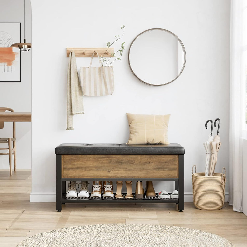 40" W Storage Bench, Entryway Shoe Bench with Cushion, Rustic Brown | Wood Metal Bench with Flip-Open Hidden Storage