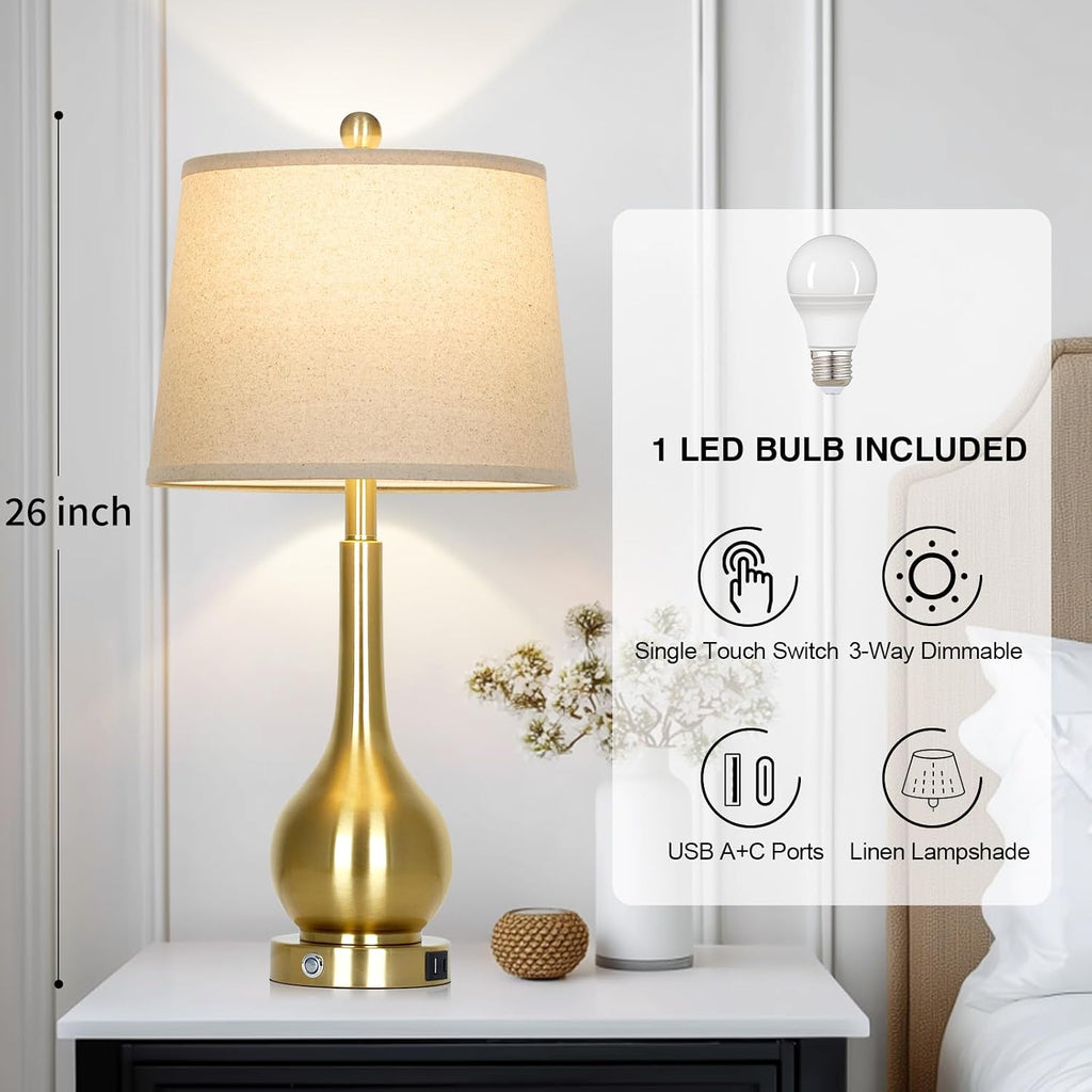 26" Gold Table Lamp Single, Touch Control Bedside Lamp, 3-Way Dimmable End Table Lamp with USB Charging Port (1 Pack)