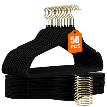 50 Pack Black Velvet Hangers, Coat Hanger Non Slip, Heavy-Duty, Space Saving, Slim Clothes Hangers for