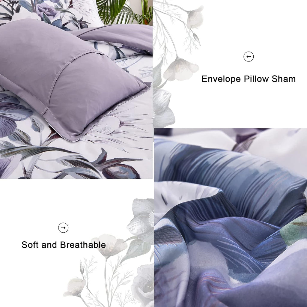Floral Comforter Set Queen 7 Piece, Purple Flower Bed in a Bag, Elegant Floral Comforter with Sheet Set
