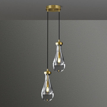 Raindrop Pendant Lights Kitchen Island Teardrop Gold Hanging Light Fixtures Clear Solid Glass Pendant Light Modern Chandeliers for Dining Room Porch Corridor Living Room (2-Light)