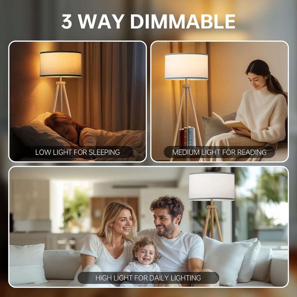 Floor Lamp with 3 Light Modes Adjustable - Wood Tripod Floor Lamp Modern LED Standing Lamp with Dimmable Brightness, Burlywood