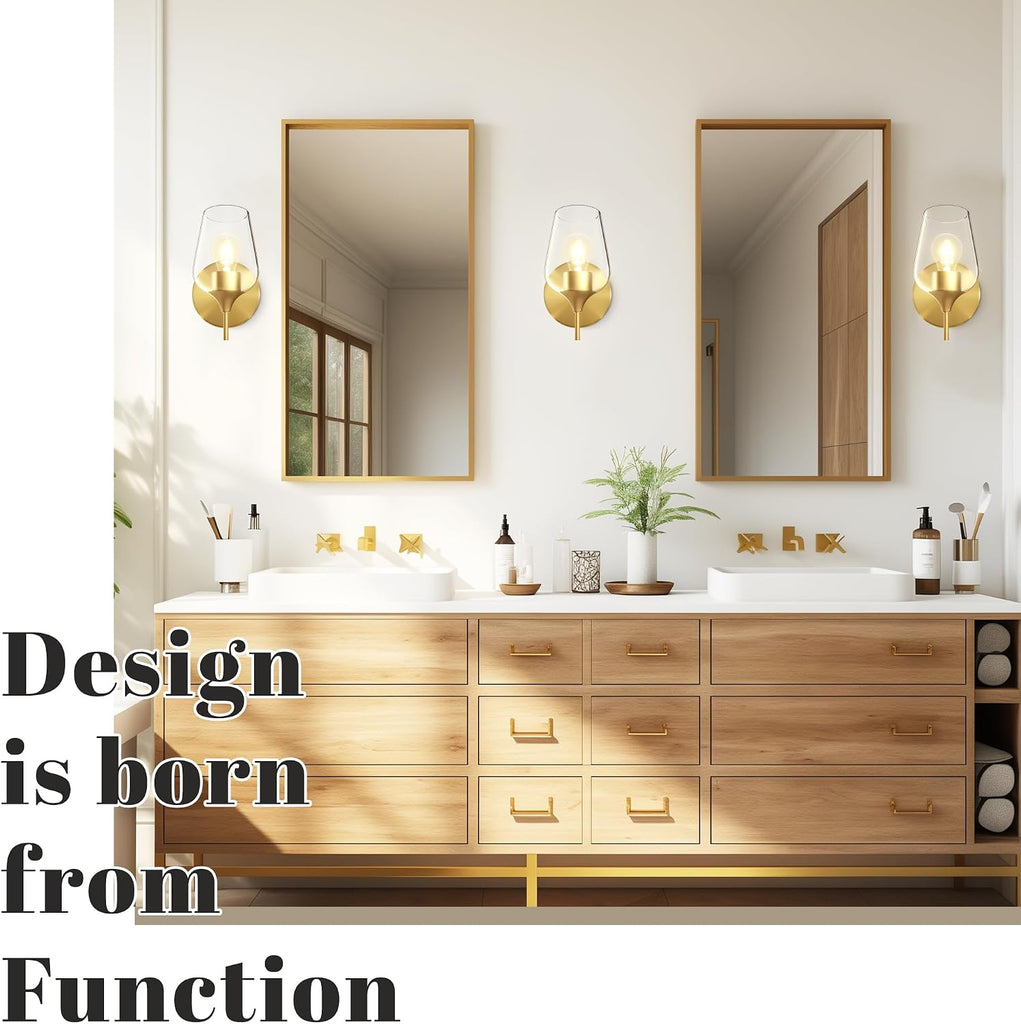 Gold Sconces Wall Lighting Set of 2, Bathroom Wall Lighting Fixtures Brass, Modern and Vintage Wall Lights with Clear