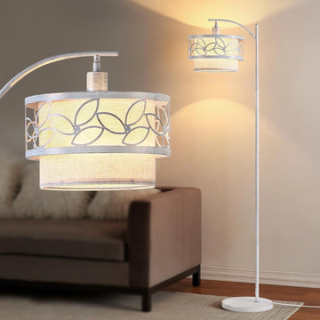 66.1" Gold Accent Floor Lamp with Floral Metal Shade & Linen Inner Shade, Farmhouse Standing Lamp Be