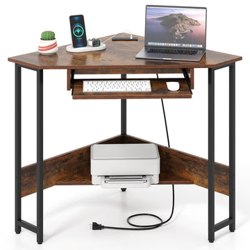 Corner Desk, Triangle Computer Desk with Keyboard Tray & Storage Shelf, Home Office Desk with Built-in Power Outlet