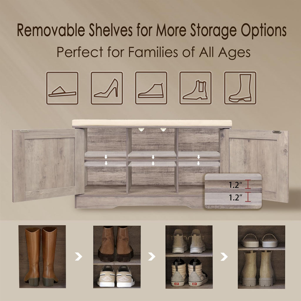 Shoe Storage Bench with Cushion, Door, Greige 31.5" LX17.7 H