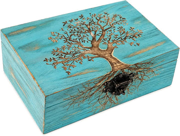 Tree of Life Wooden Jewelry Box | Engraved Rustic Jewelry and Keepsake Storage Case & Trinket Organizer with Engraved