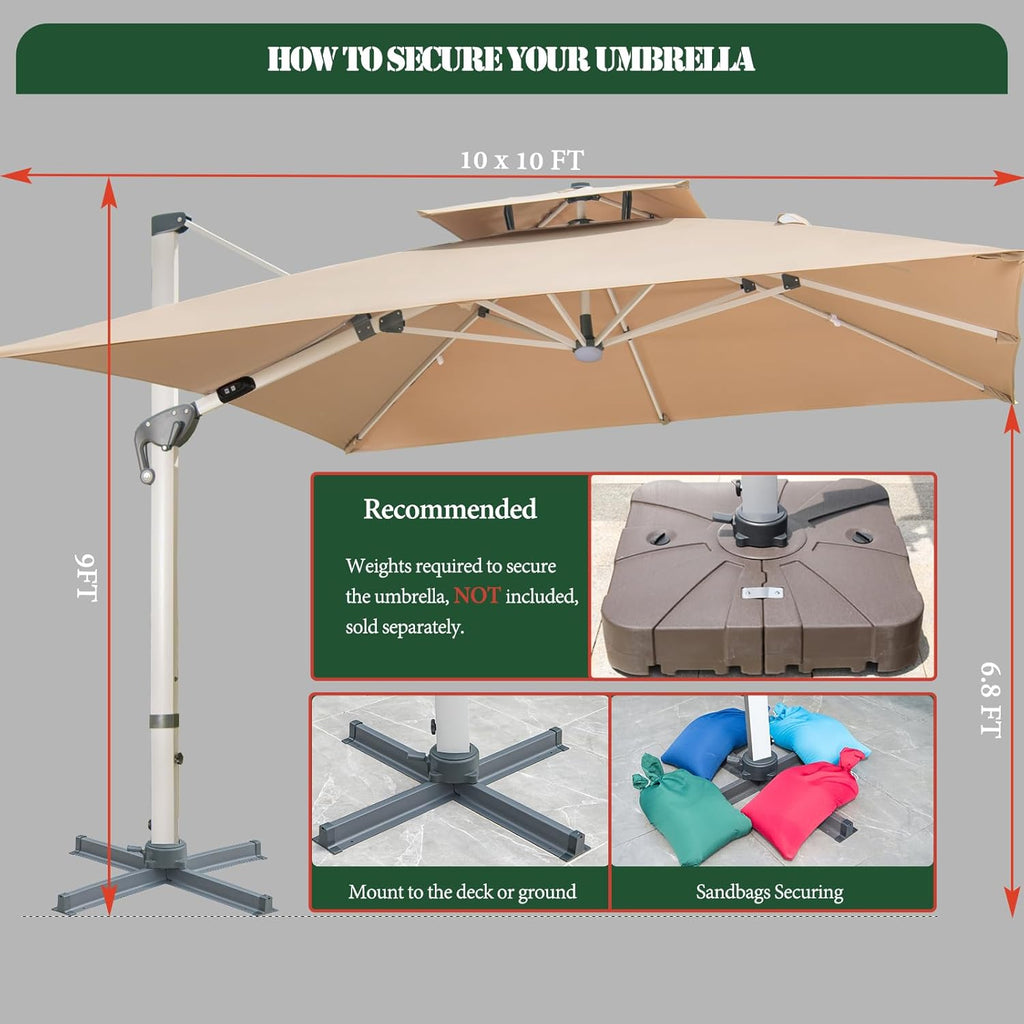 10x10 FT Square Cantilever Patio Umbrella with Solar LED Lights and Cross Base
