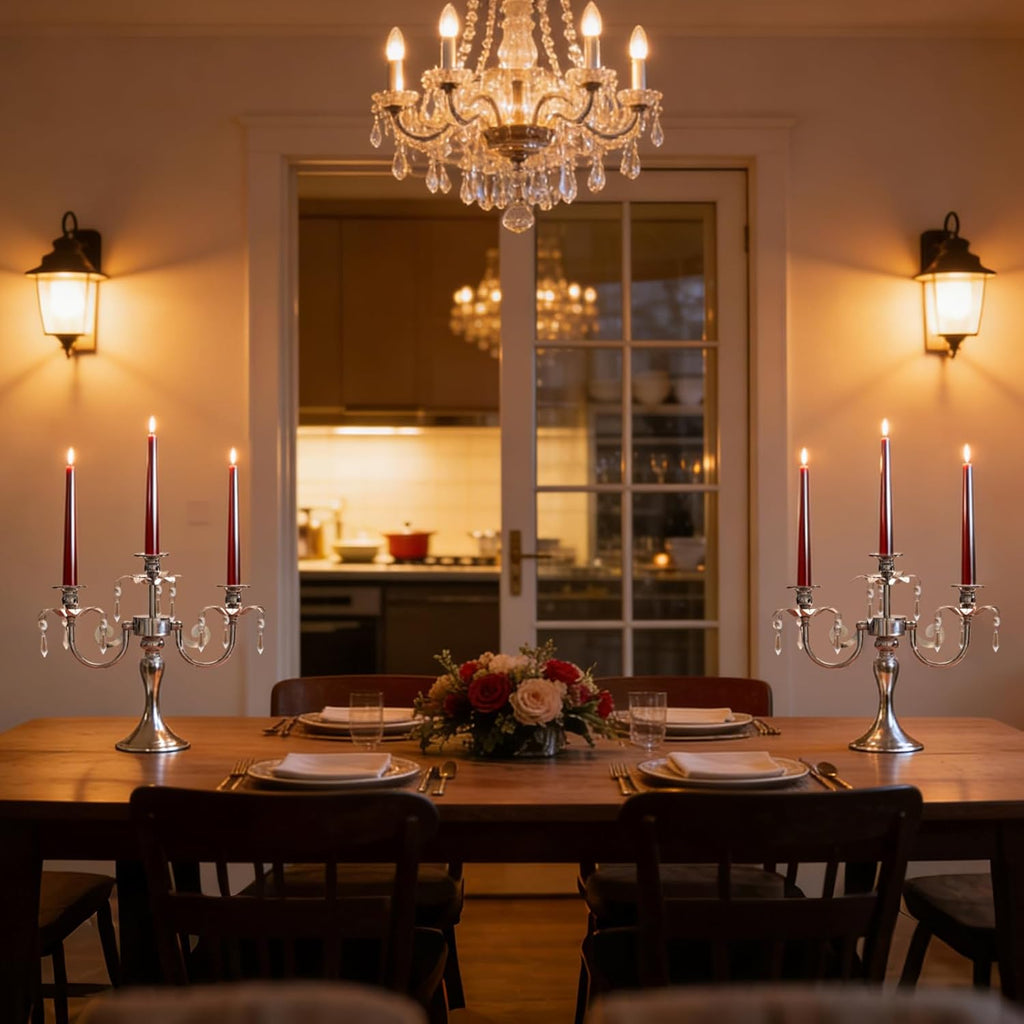 Metal 3 Arm Candelabra with Crystal Pendants - 11.8 Inch Tall Candle Holders, Set of 2 - Elegant Taper Candlestick