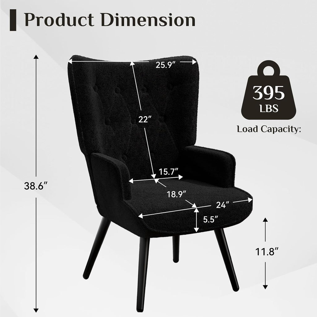 Accent Chair, Upholstered Teddy Fabric Living Room Chairs | High Back Mid Century Modern Accent Chair, Comfy Wingback
