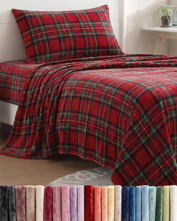 Fleece Sheets Twin Size Set - 3-Piece Velvet Flannel Sheet Set - Tartan
