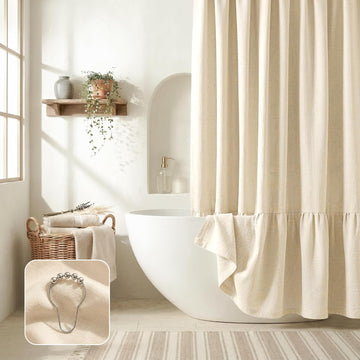 Linen Shower Curtains - Farmhouse & Bohemian Shower Curtains, Neutral Textured 1:2 Ruffled Shower Curtain, Spa-Like