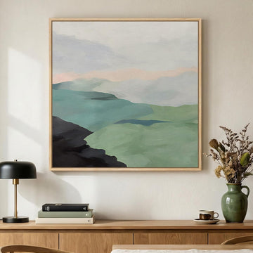 Framed Modern Neutral Green Landscape Abstract Wall Art, Square Minimalist Canvas Prints Paintings for Walls, Sage