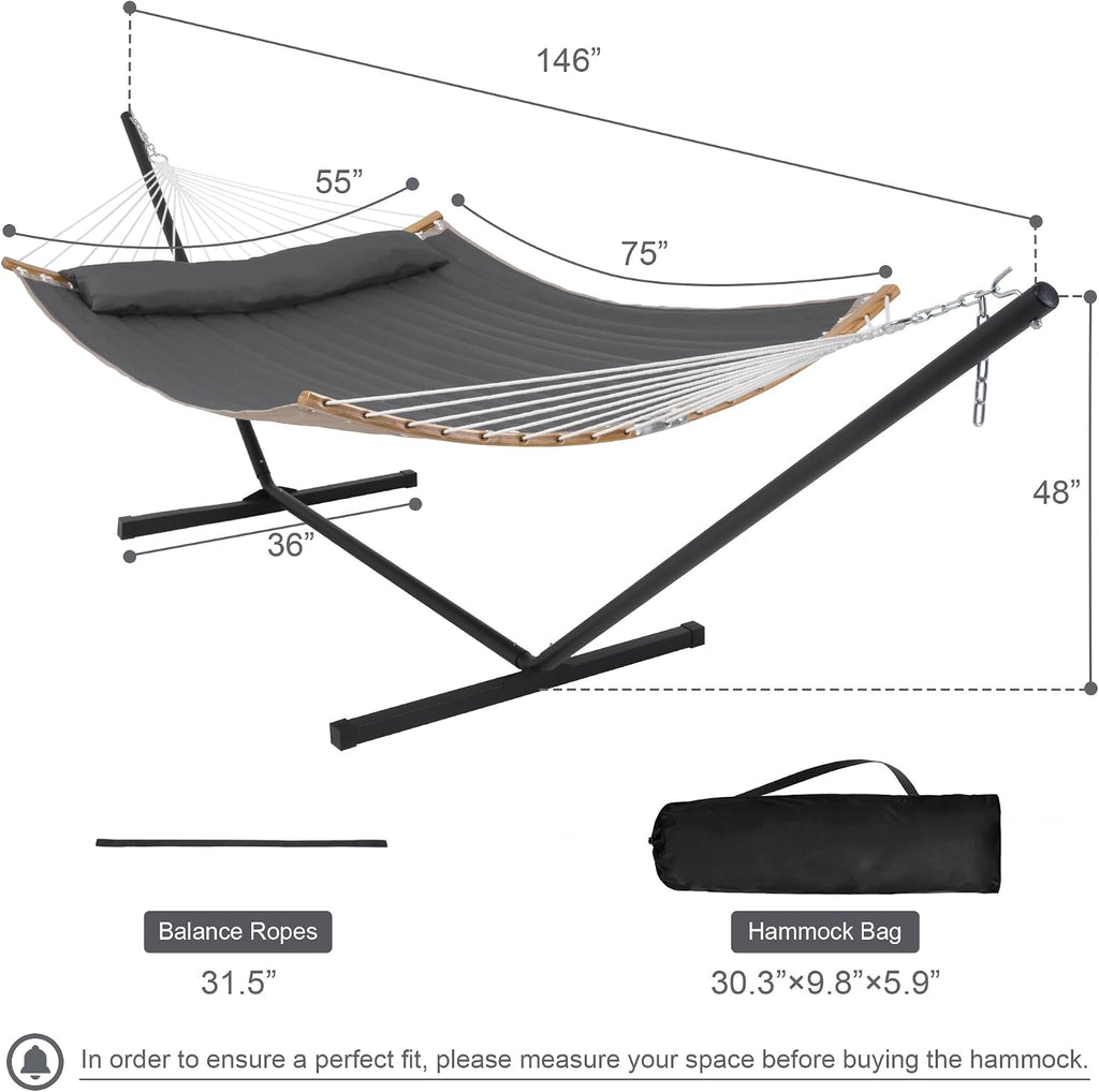Heavy Duty Hammock with 12FT Stand, Double Hammock, Dark Gray | Large Hammock with Curved Spreader Bar, Pillow