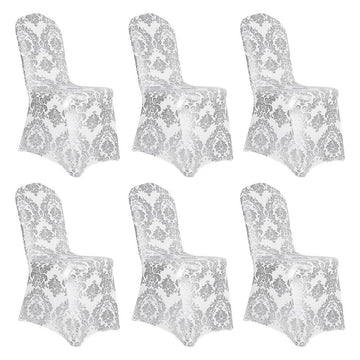 Silver Chair Covers Foil Floral Print, Stretch Fit, 6 Pack